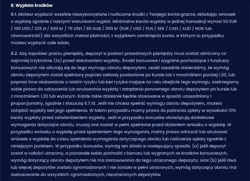 Sekcja wypłaty w kasie Trino Casino