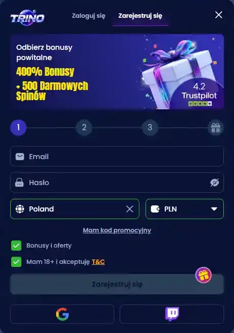 Aktualny formularz rejestracji Trino Casino