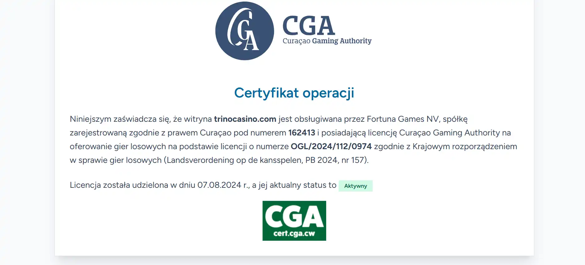 Oficjalny certyfikat CGA dla domeny trinocasino.com
