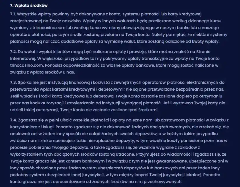 Kasa Trino z metodami wpłaty i walutą PLN